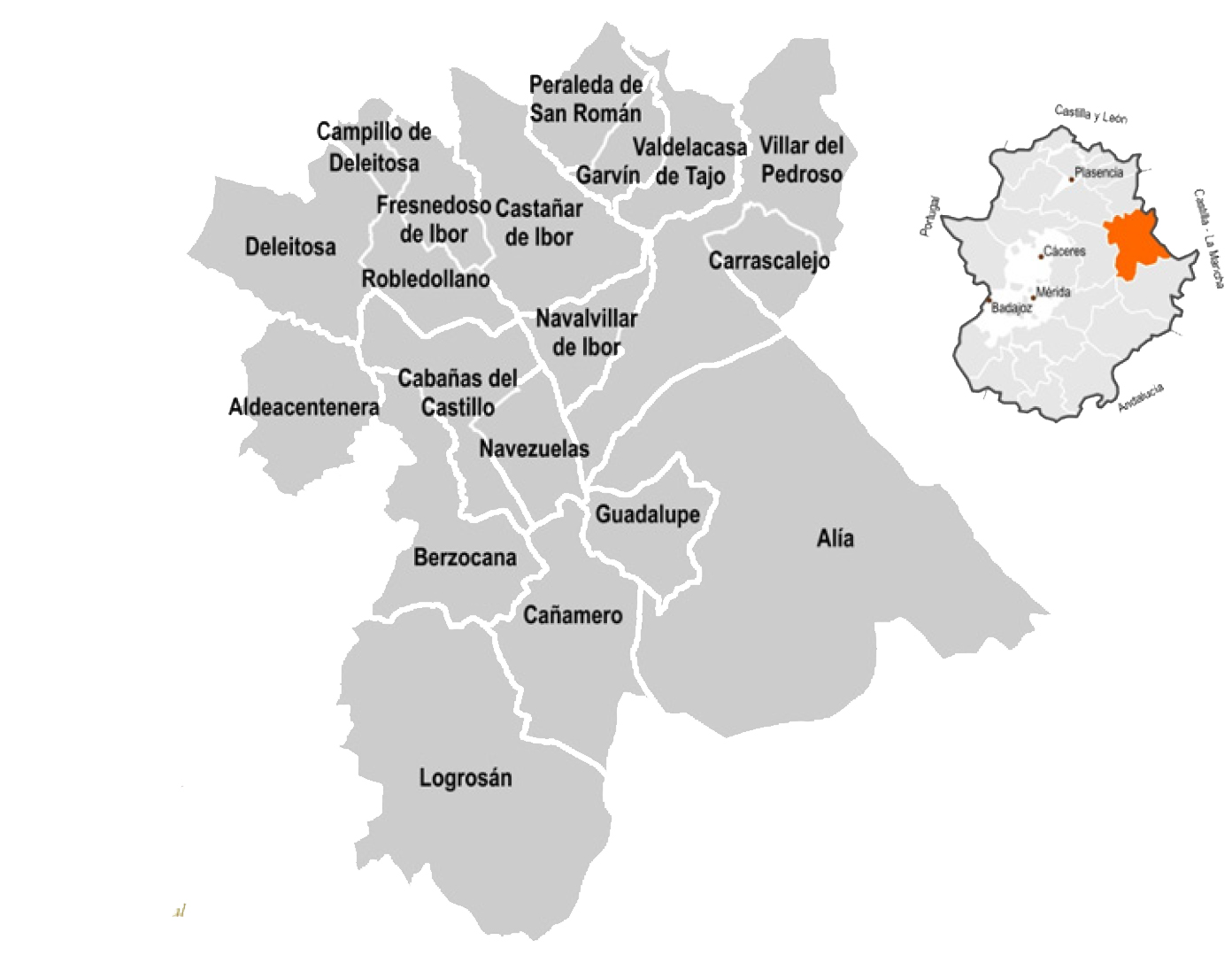 Mapa político de la comarca Villuercas Ibores Jara
